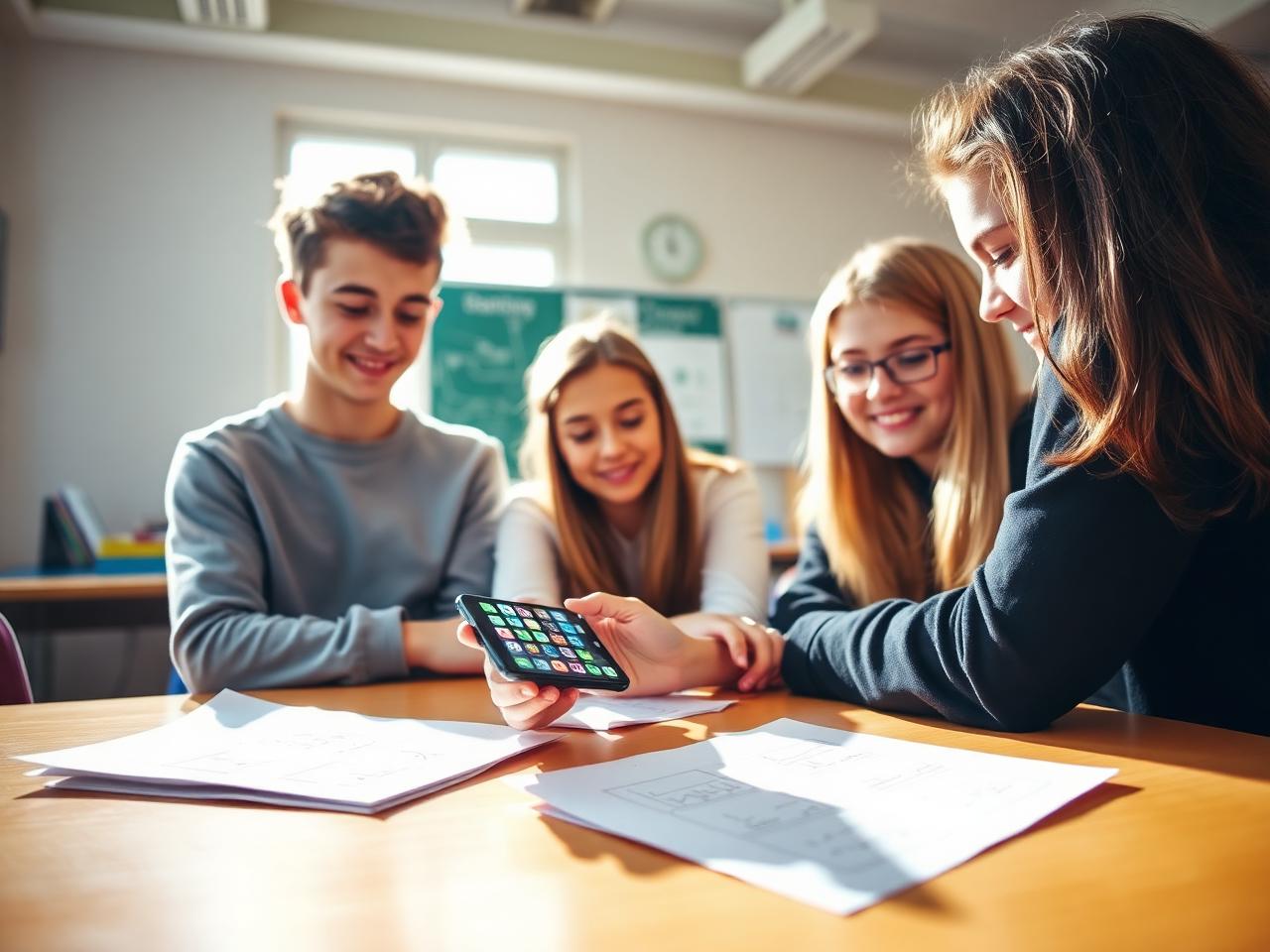 Teenagers testing an app they built on a phone beside paper screen sketches