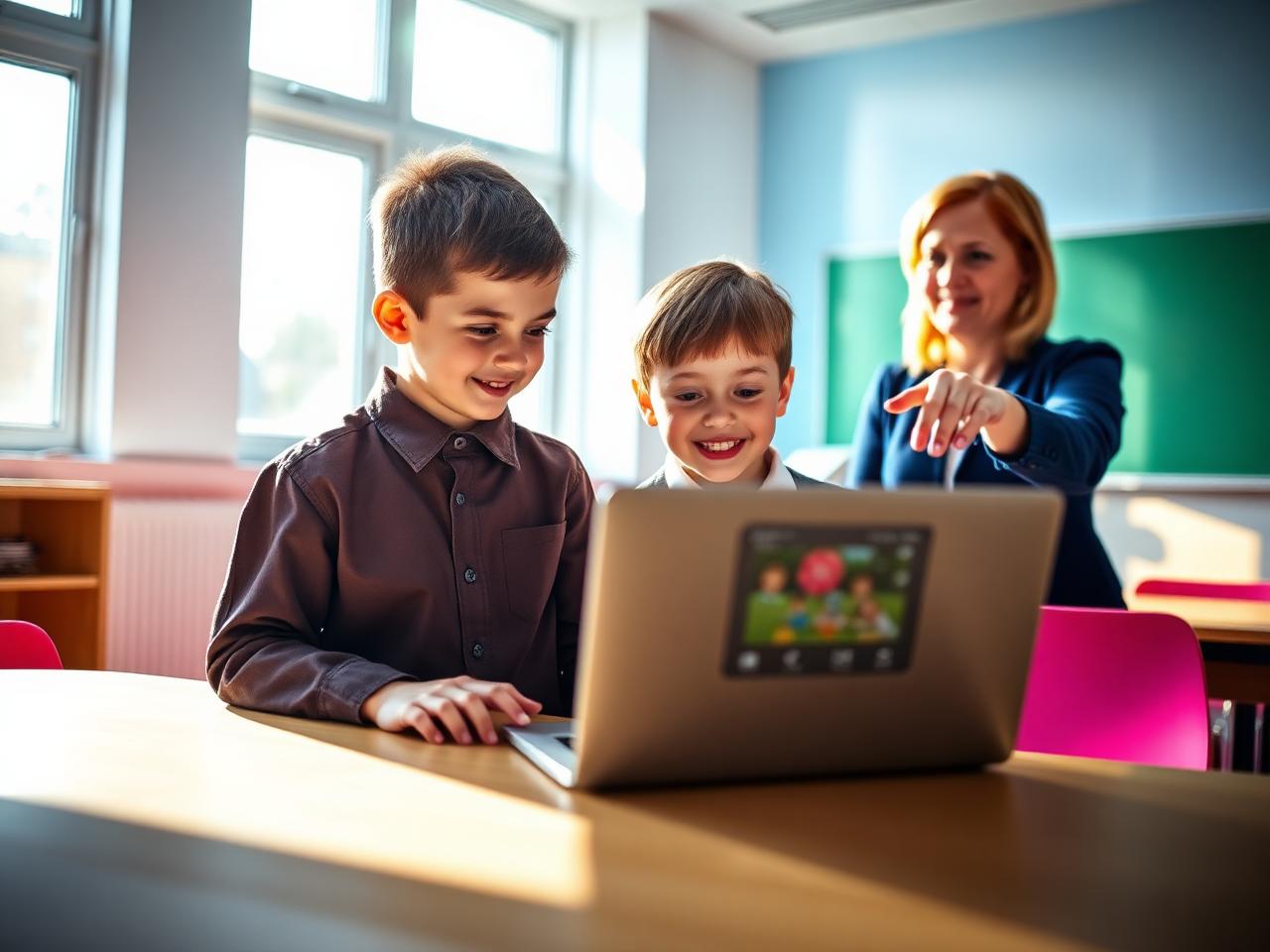 Students training an image-recognition model on a laptop with their teacher