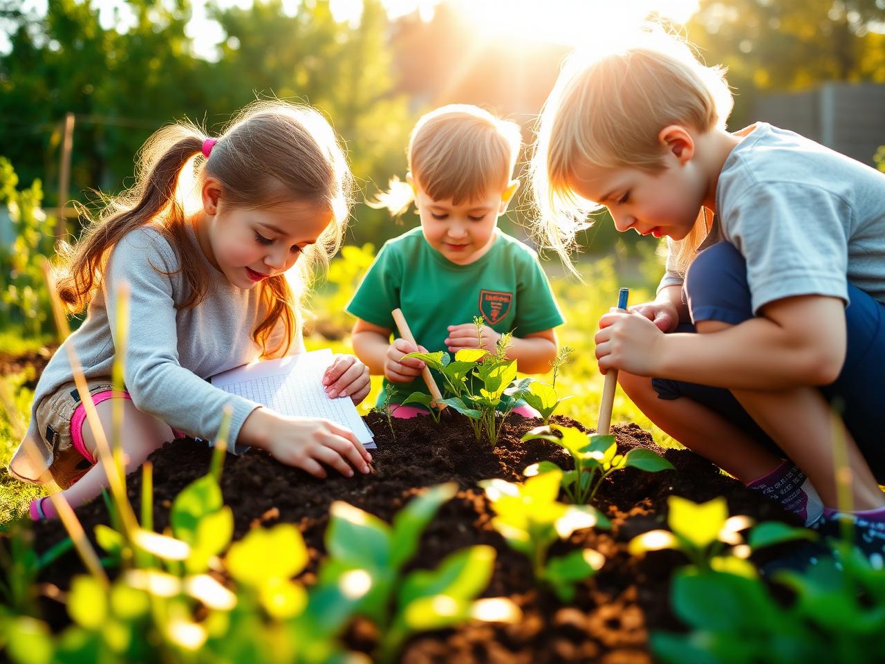 Primary children measuring plants and soil in a school garden