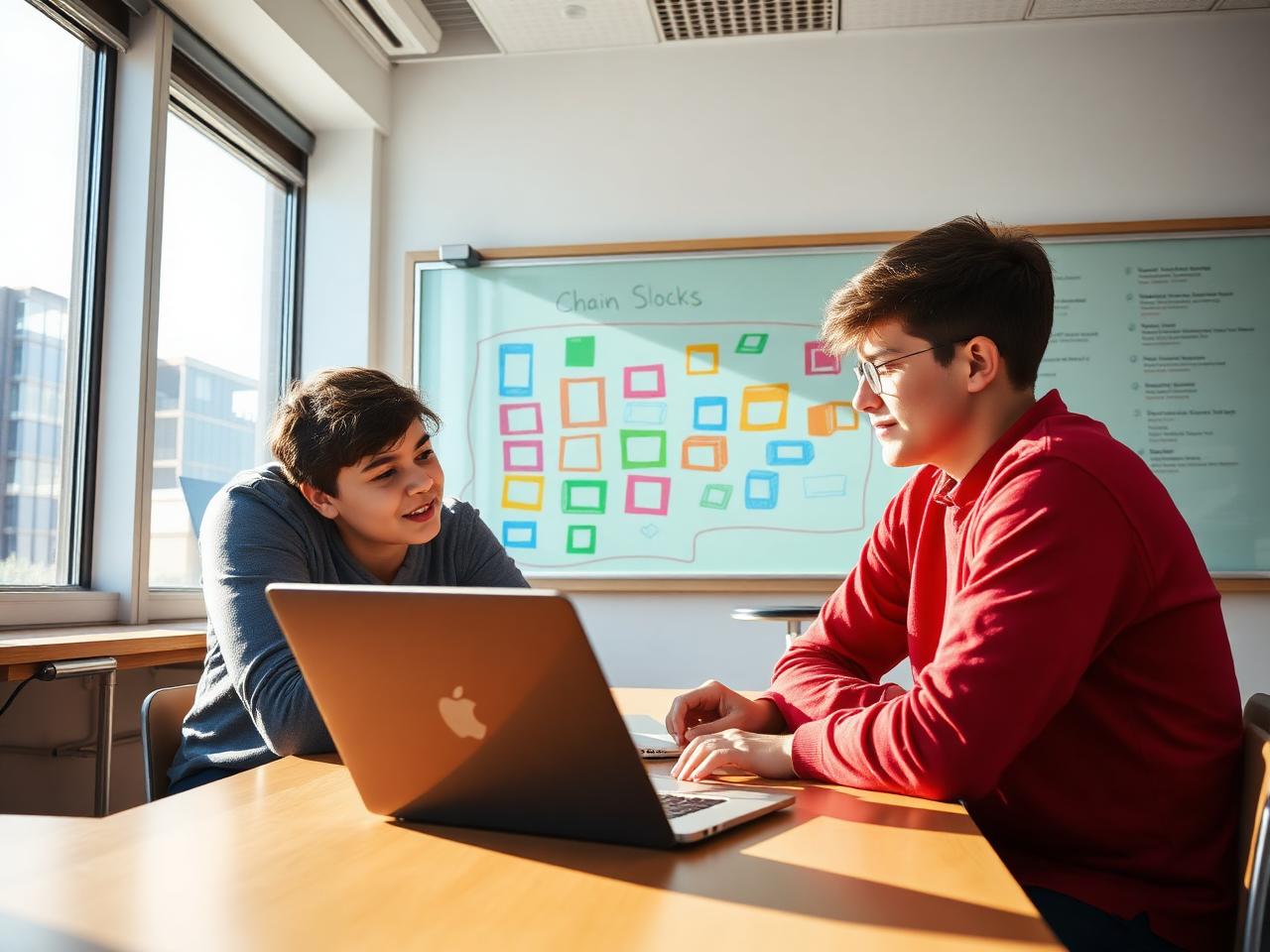 Senior students studying a chain-of-blocks diagram beside a laptop