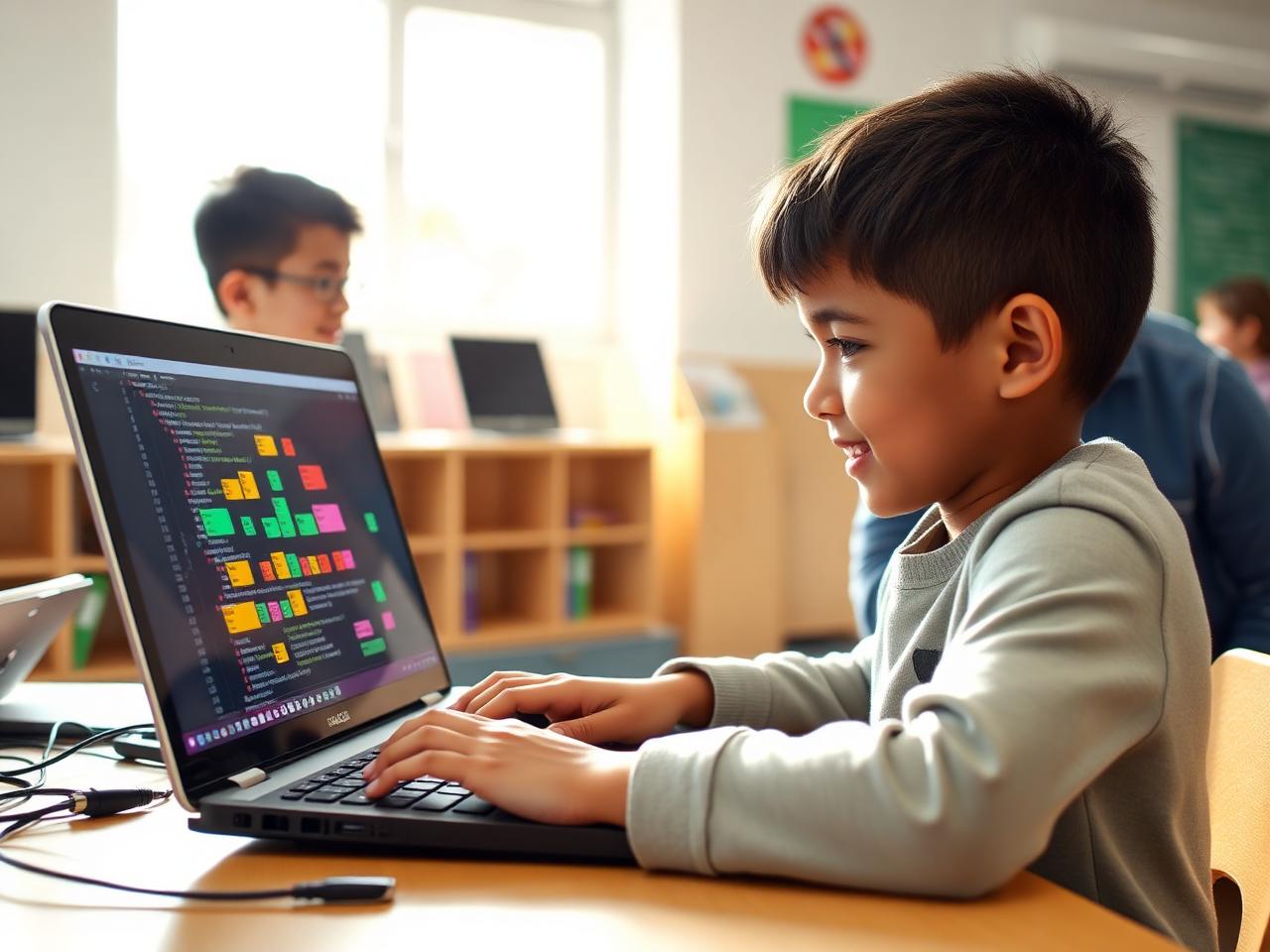 A child writing code on a laptop in a sunlit classroom
