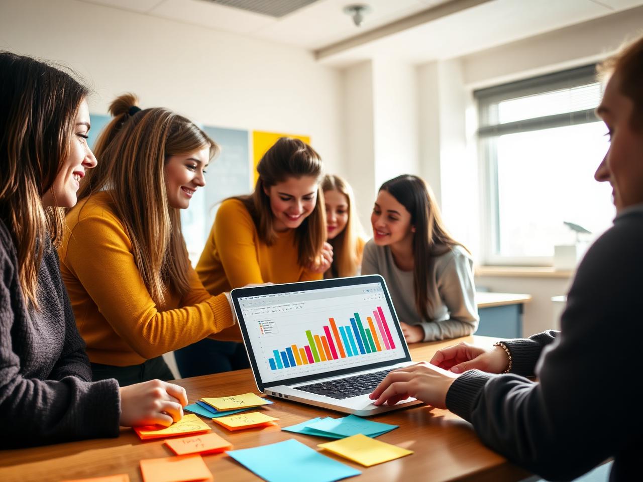 Students studying colourful charts built from data they collected
