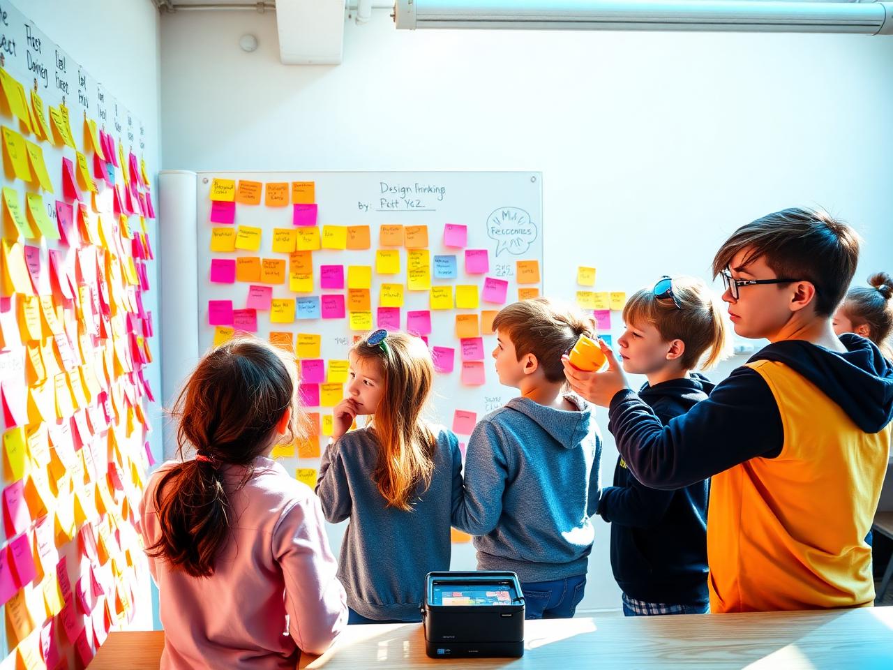 Students at a sticky-note design wall holding a 3D printed prototype