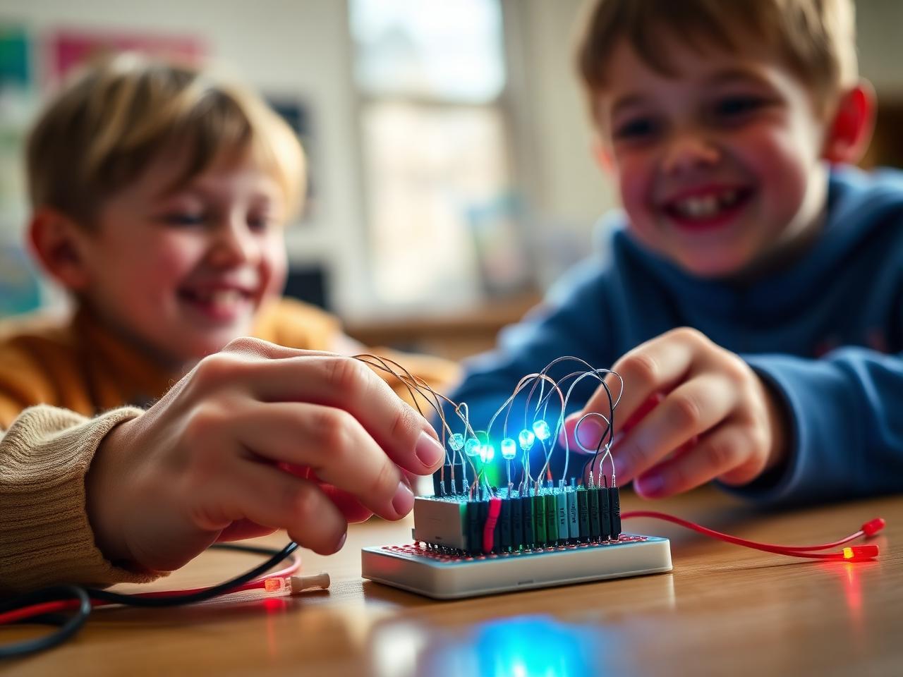Children wiring a breadboard with glowing LEDs in a classroom