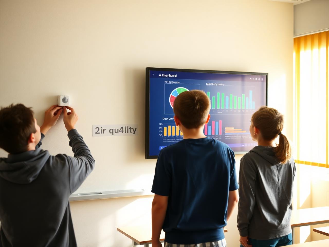 Students fitting a sensor to a classroom wall beside a live data dashboard