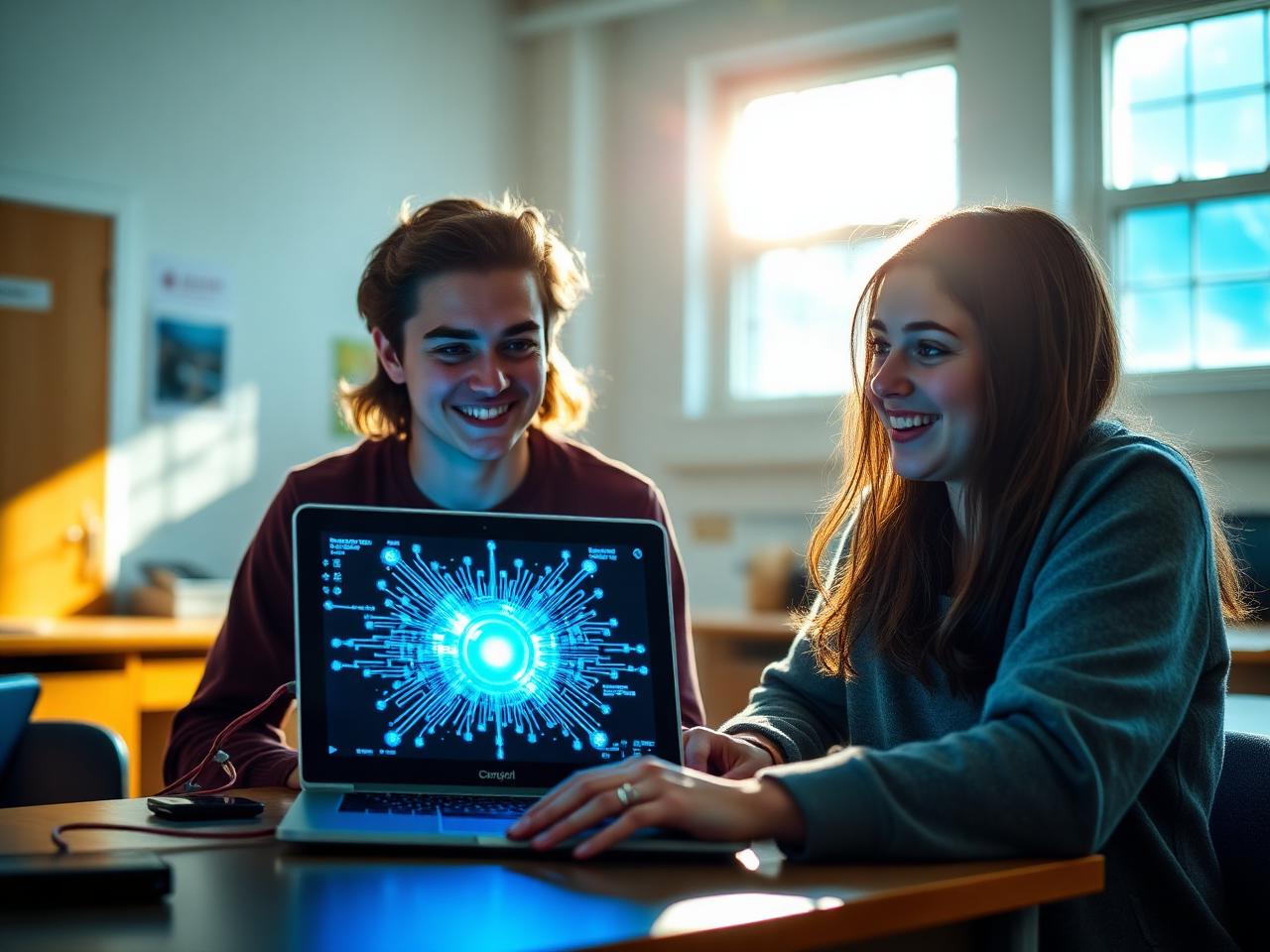 Two students reading a quantum circuit visualisation on a laptop